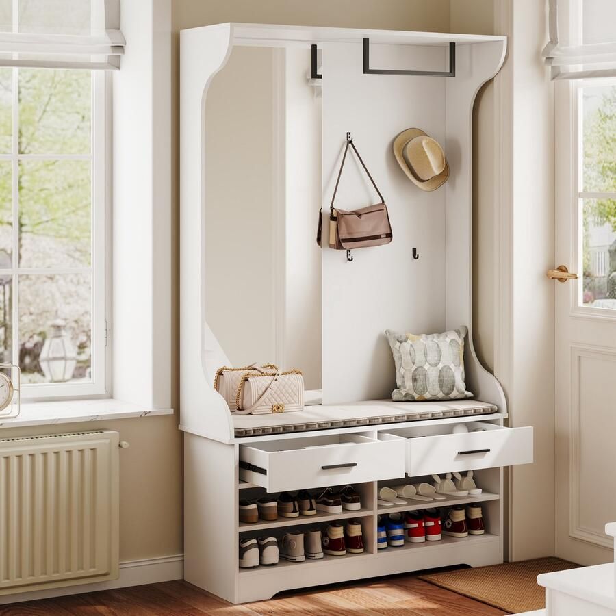 BursDany Multifunctionele Kapstok met Spiegel Wit 4 Haken Ophangstang 2 Lades en 2 Schoenenkasten Garderobe met Bank voor Hal Slaapkamer (5-in-1 Design)