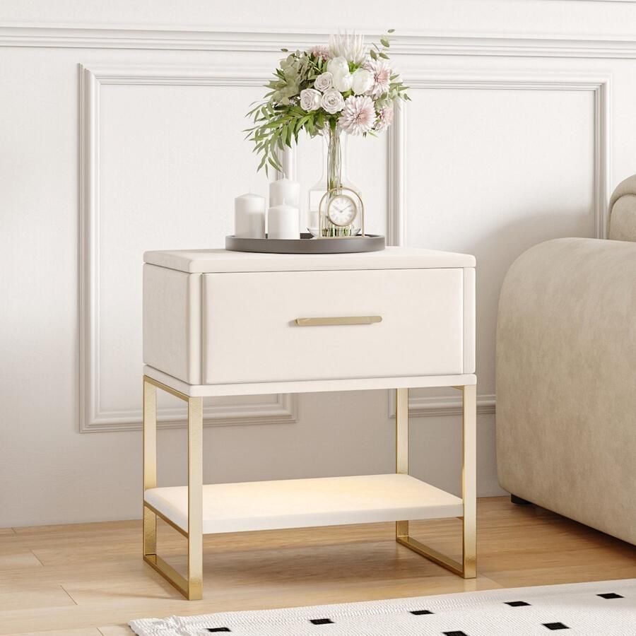 BursDany Nachtkastjes Set van 2 Moderne LED Nachttafel van Velours met 1 Lade en 1 Open Plank Bed Nachtkast Bijzettafels voor Slaapkamer Woonkamer L40 x H50 cm Beige