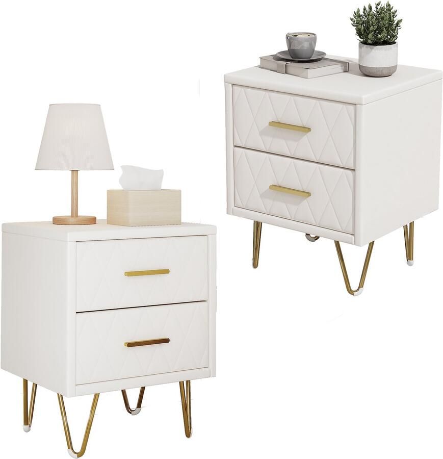 BursDany Nachtkastjes Set van 2 Moderne Nachttafel van PU met 2 laden Bed Nachtkast Bijzettafels voor Slaapkamer Woonkamer L41 x H51 cm Beige