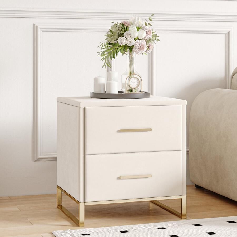 BursDany Nachtkastjes Set van 2 Moderne Nachttafel van Velours met 2 laden Bed Nachtkast Bijzettafels voor Slaapkamer Woonkamer L40 x H50 cm Beige