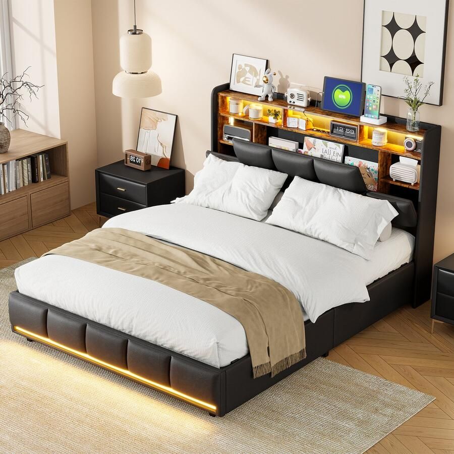 BursDany Opbergbed 140x200 cm met geïntegreerde LED en USB gestoffeerd tweepersoonsbed met lattenbodem en hoofdeinde voor volwassenen en tieners zonder matras(Zwart PU)