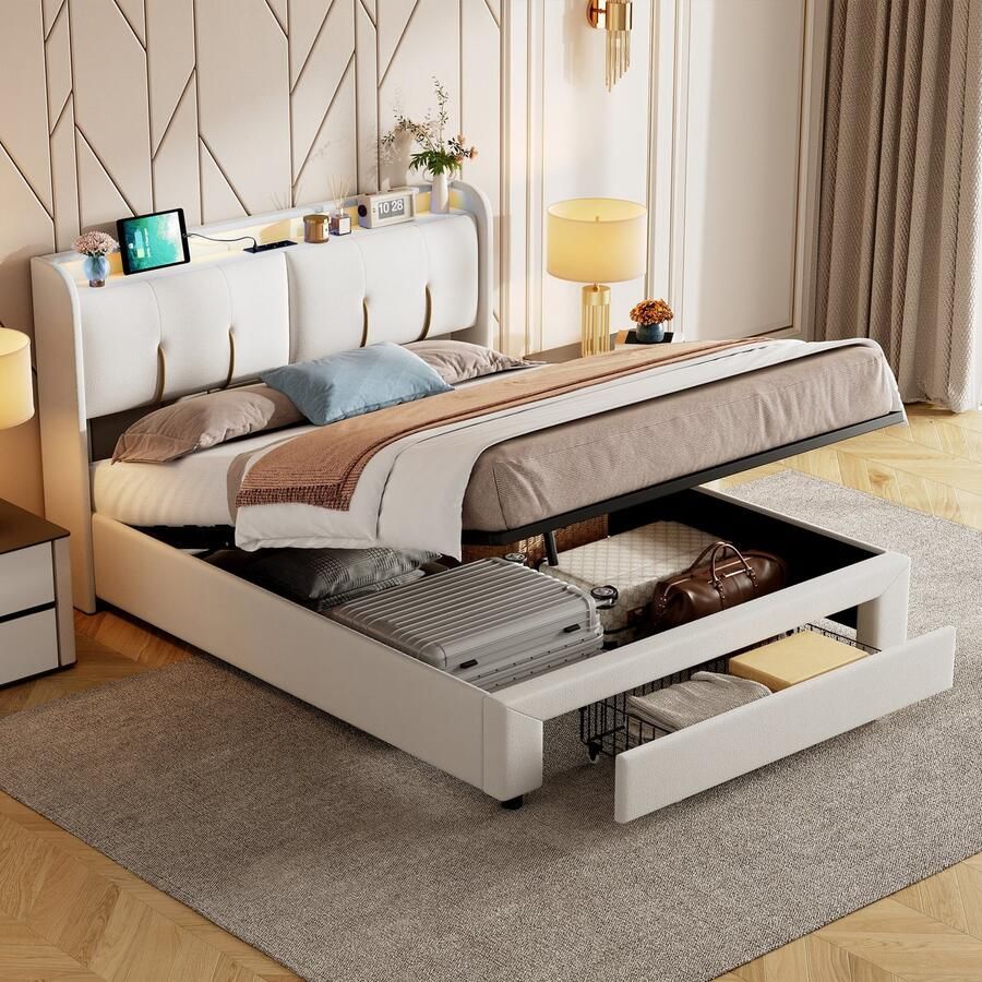 BursDany Opbergbed 140x200 cm met LED en USB gestoffeerd tweepersoonsbed met laden opbergruimte en lattenbodem voor volwassenen en tieners zonder matras fluweel beige