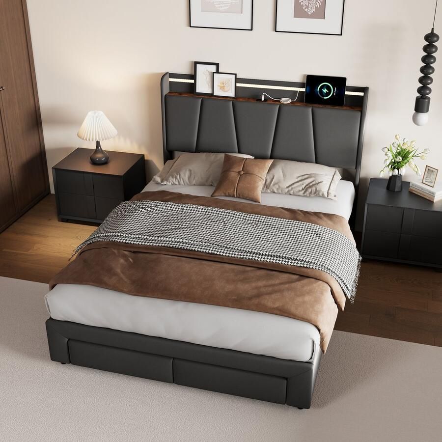 BursDany Opbergbed 140x200 cm met LED en USB gestoffeerd tweepersoonsbed met opbergbaar hoofdeinde en 2 lades lattenbodem voor tieners en volwassenen grijs linnen (zonder matras)