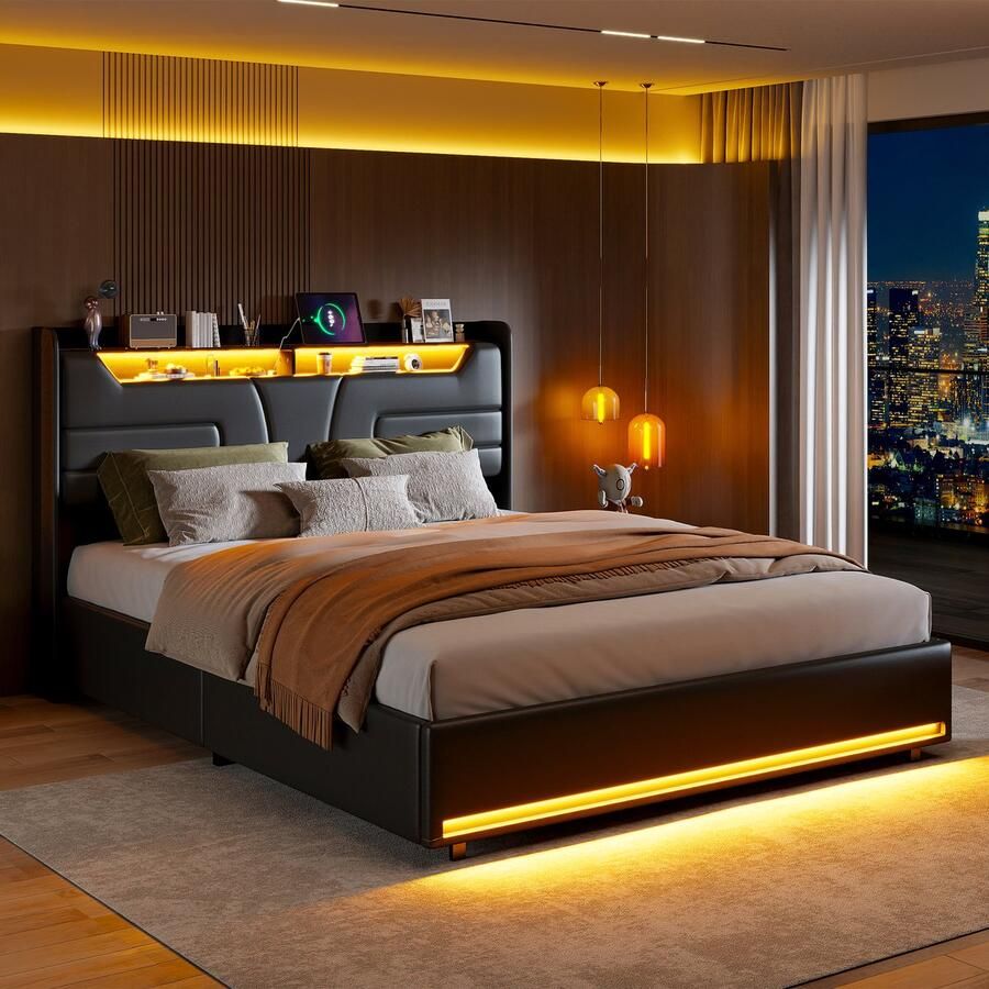 BursDany Opbergbed 140x200 cm met LED en USB Inclusief lattenbodem en hoofdeinde opbergruimte tweepersoonsbed voor volwassenen en tieners PU Zwart(Zonder Matras)