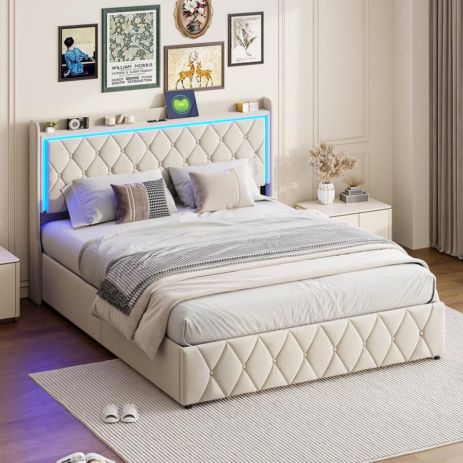 BursDany Opbergbed 140x200 cm met LED- en USB-poorten gestoffeerd bedframe met lattenbodem fluweelstof eenvoudig te monteren beige