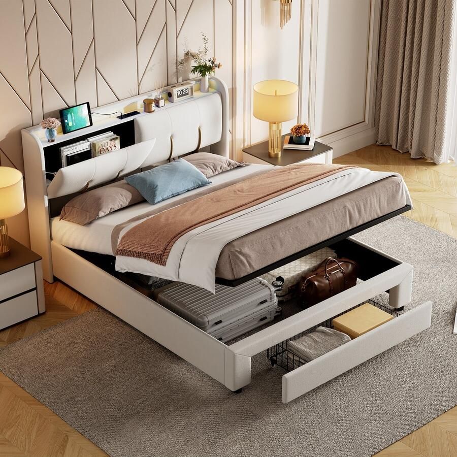 BursDany Opbergbed 160x200 cm met LED en USB gestoffeerd tweepersoonsbed met laden opbergruimte en lattenbodem voor volwassenen en tieners zonder matras fluweel beige