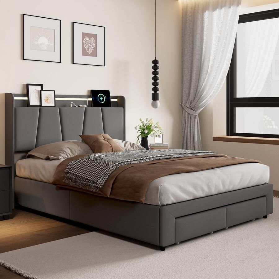 BursDany Opbergbed 160x200 cm met LED en USB gestoffeerd tweepersoonsbed met opbergbaar hoofdeinde en 2 lades lattenbodem voor tieners en volwassenen grijs linnen (zonder matras)