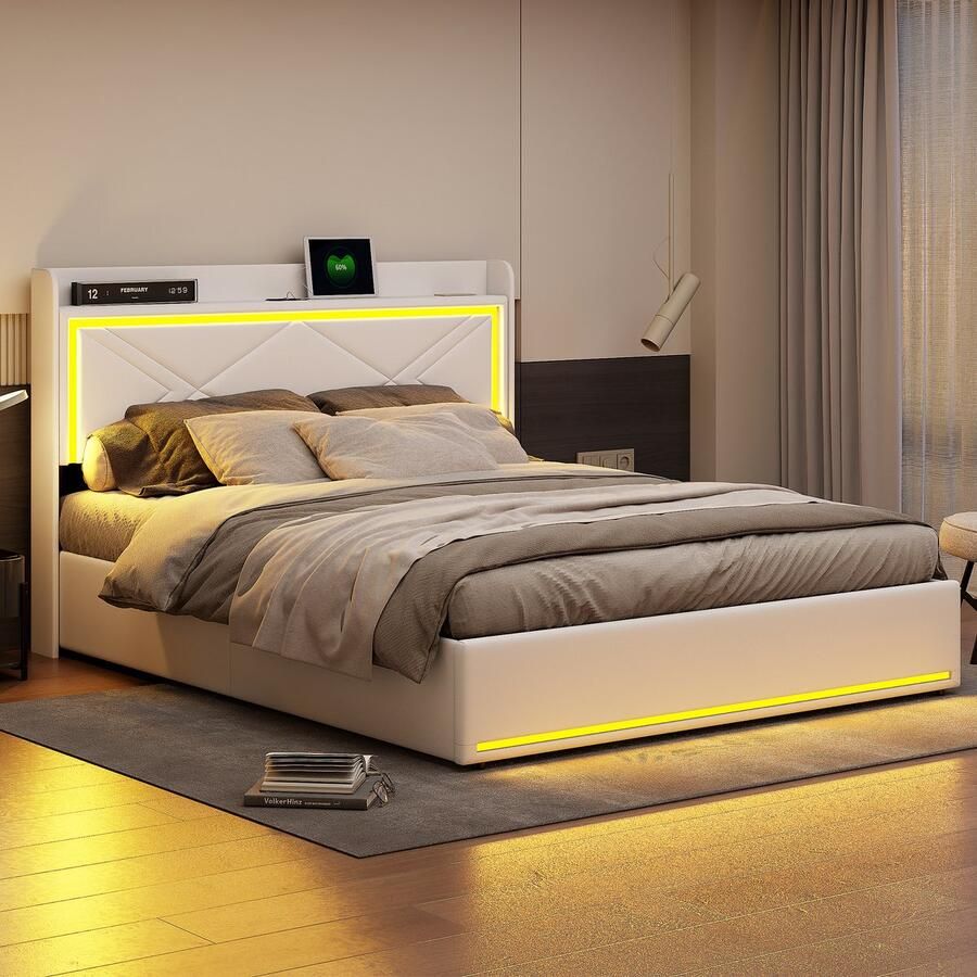 BursDany Opbergbed 160x200 cm met LED en USB Modern gestoffeerd tweepersoonsbed met opbergruimte en lattenbodem voor volwassenen en tieners zonder matras Beige PU