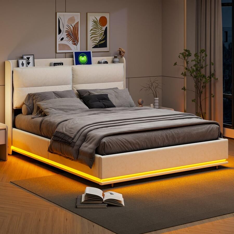 BursDany Opbergbed 160x200 cm tweepersoons bed met led-verlichting en USB-poort gestoffeerd bed met opbergvak en hoofdeinde bedframe voor volwassenen tienermeisje beige fluweel (zonder matras)