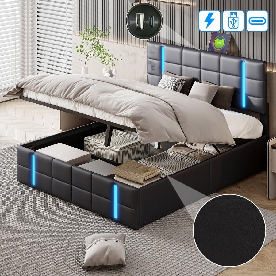 BursDany Opbergbed 160x200 cm tweepersoons gestoffeerd bed met LED-verlichting en USB-poort gestoffeerd bed met opbergvak en hoofdeinde bedframe voor volwassenen tienerjongens PU zwart (zonder matras)