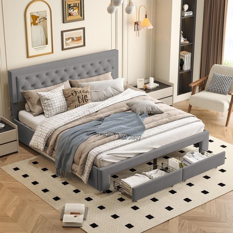 BursDany Opbergbed 160x200 cm tweepersoonsbed met lattenbodem en eindladen voor volwassenen en tieners zonder matras grijs fluweel