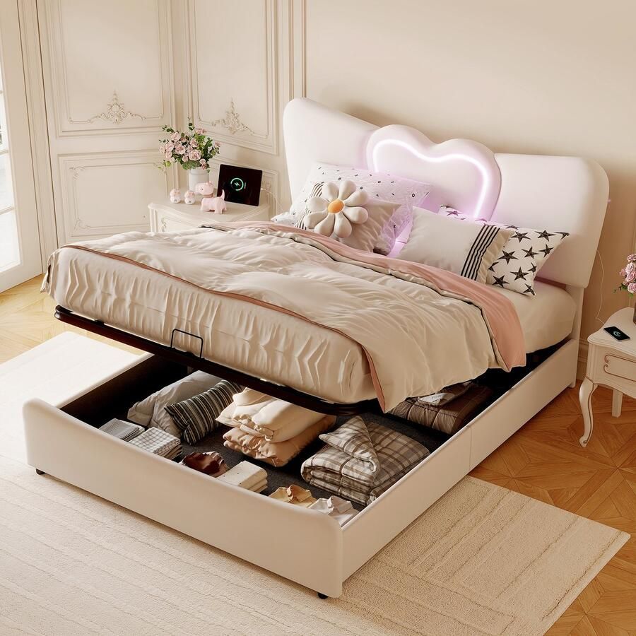 BursDany Opbergbed in hartvorm 140x200 cm Beige Fluweel Gestoffeerd bed met LED en USB Lattenbodem Ingebouwde opbergruimte Ideaal voor Volwassenen en Tieners Zonder matras