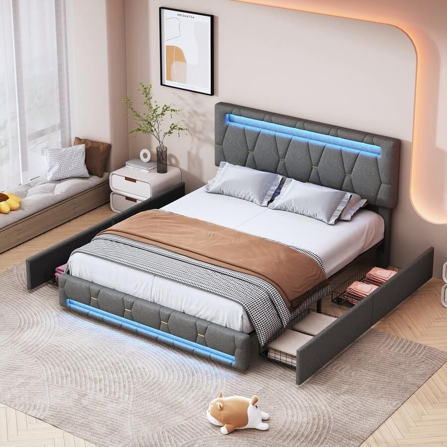 BursDany Polsterbed 160x200 cm met LED Tweepersoonsbed met opbergruimte met lattenbodem en 4 lades Bedframe met verstelbare hoofdeinde voor volwassenen en jeugd Zonder matras Linnen Grijs