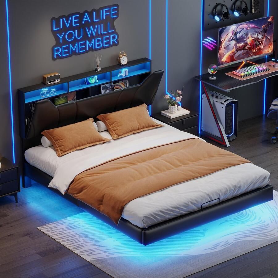 BursDany Polsterbed Dubbelbed 140x200 cm met LED Hydraulisch Opbergbed Functiebed met Opberghoofdeinde en Stopcontact Jeugdbed Verstelbaar Hoofdeinde Zonder Matras PU Zwart