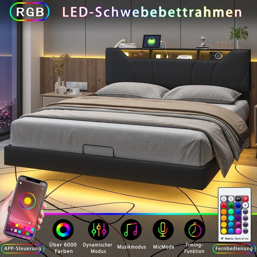 BursDany Polsterbed Dubbelbed 160x200 cm met LED Hydraulisch Opbergbed Functiebed met Opberghoofdeinde en Stopcontact Jeugdbed Verstelbaar Hoofdeinde Zonder Matras PU Zwart