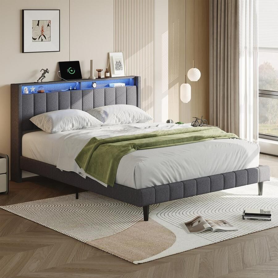 BursDany Polsterbed met LED-hoofdeinde en USB-poort tweepersoonsbed 140x200 met lattenbodem jeugdbed rugleuning bedframe voor volwassenen jongeren zonder matras linnen grijs