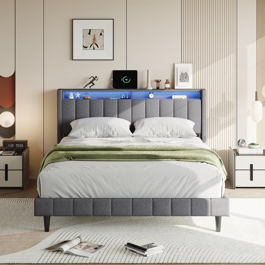 BursDany Polsterbed met LED-hoofdeinde en USB-poort tweepersoonsbed 160x200 met lattenbodem jeugdbed rugleuning bedframe voor volwassenen jongeren zonder matras linnen grijs