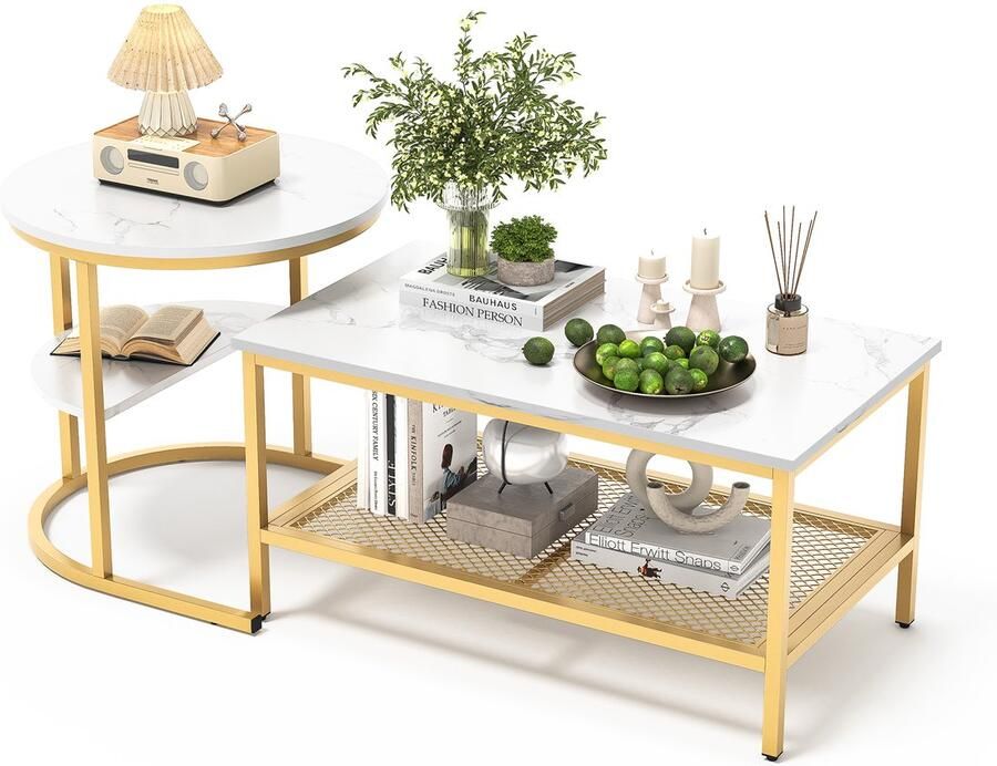 BursDany Salontafel set van 2 bijzettafel marmerlook met metalen frame en plank(gouden rechthoek)