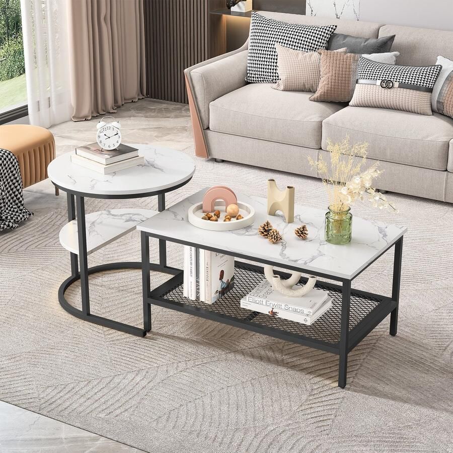 BursDany Salontafel set van 2 bijzettafel marmerlook met metalen frame en plank(Zwart rechthoek)
