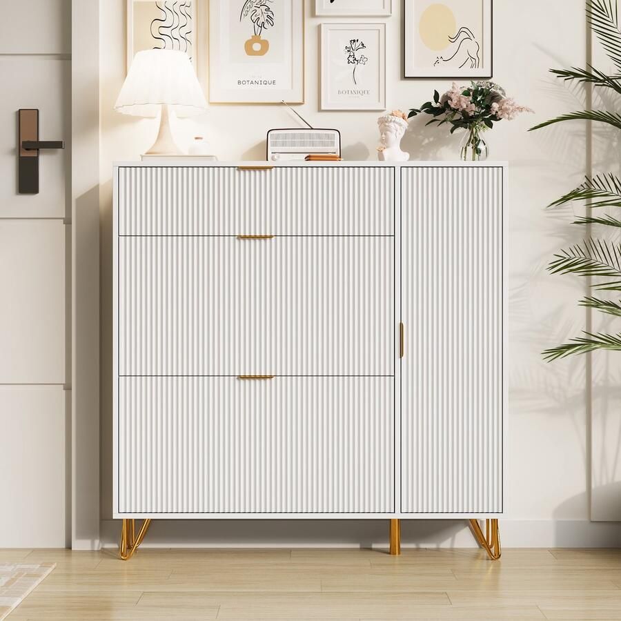 BursDany Schoenenkast met 2 inklapbare lades en 1 deur verstelbaar voor 12-24 paar smalle schoenkast schoenenkast voor hal kleedkamer 24 x 110 x 111 cm wit