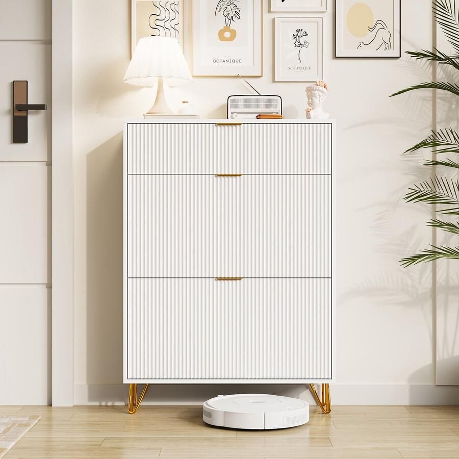 BursDany Schoenenkast met 2 inklapbare lades voor 10-20 paar smalle schoenkast schoenenkast voor hal kleedkamer 24 x 80 x 118 cm wit