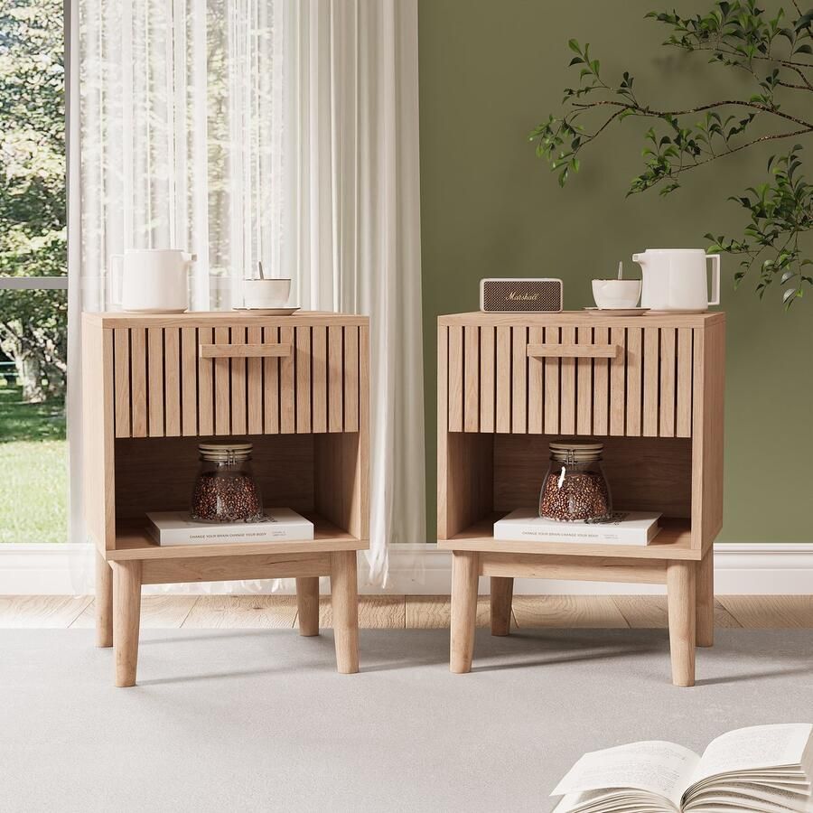 BursDany Set van 2 Nachtkastjes Nachttafel van hout met opbergruimte Bed Nachtkast Bijzettafels voor Slaapkamer Woonkamer L40 x H55 cm Natuurlijk