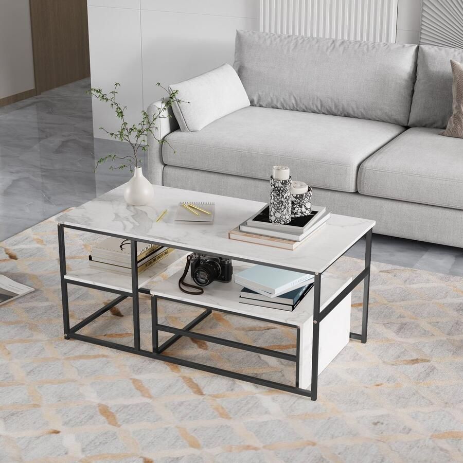 BursDany Set van 2 Rechthoekige Salontafels Moderne Salontafel in Massief Metaal met Marmermotief Etagère Intégrée voor binnenhuisdecoratie Wit Zwart