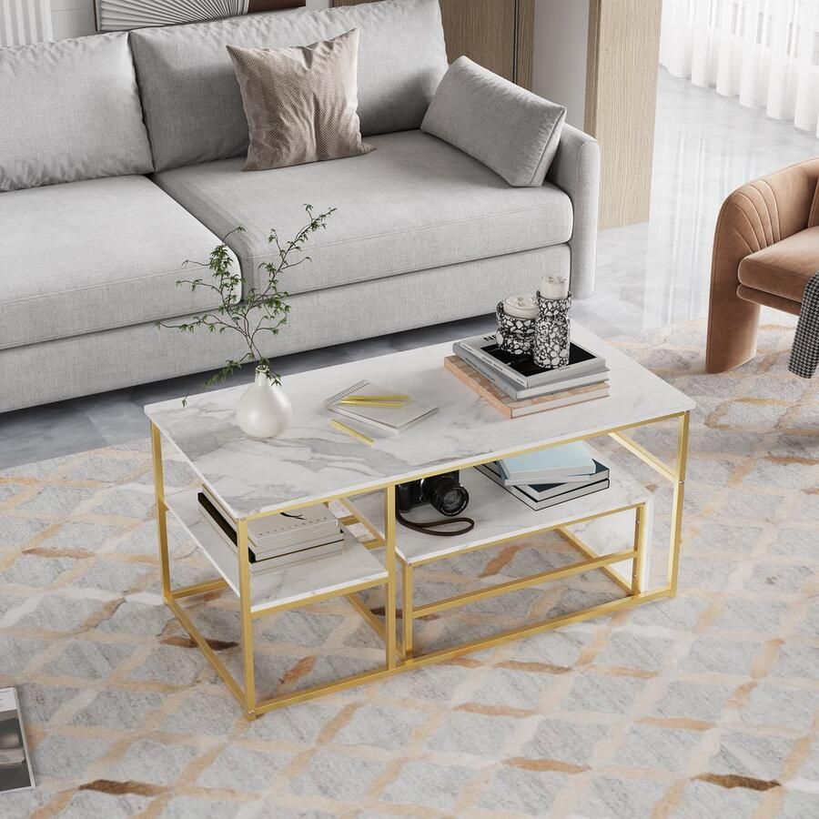 BursDany Set van 2 Rechthoekige Salontafels Moderne Salontafel in Massief Metaal met Marmermotief Ingebouwd Planchet voor Binnendecoratie Wit Goud