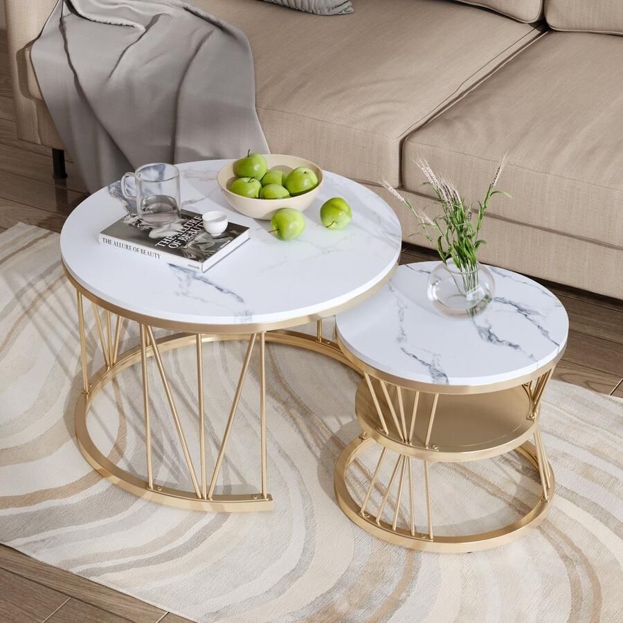 BursDany Set van 2 Ronde salontafel s 70 45 cm V-vormig legbord Gouden legbord + white blad met marmermotief geschikt voor woonkamer koffiekamer woonkamer Wit met Goud