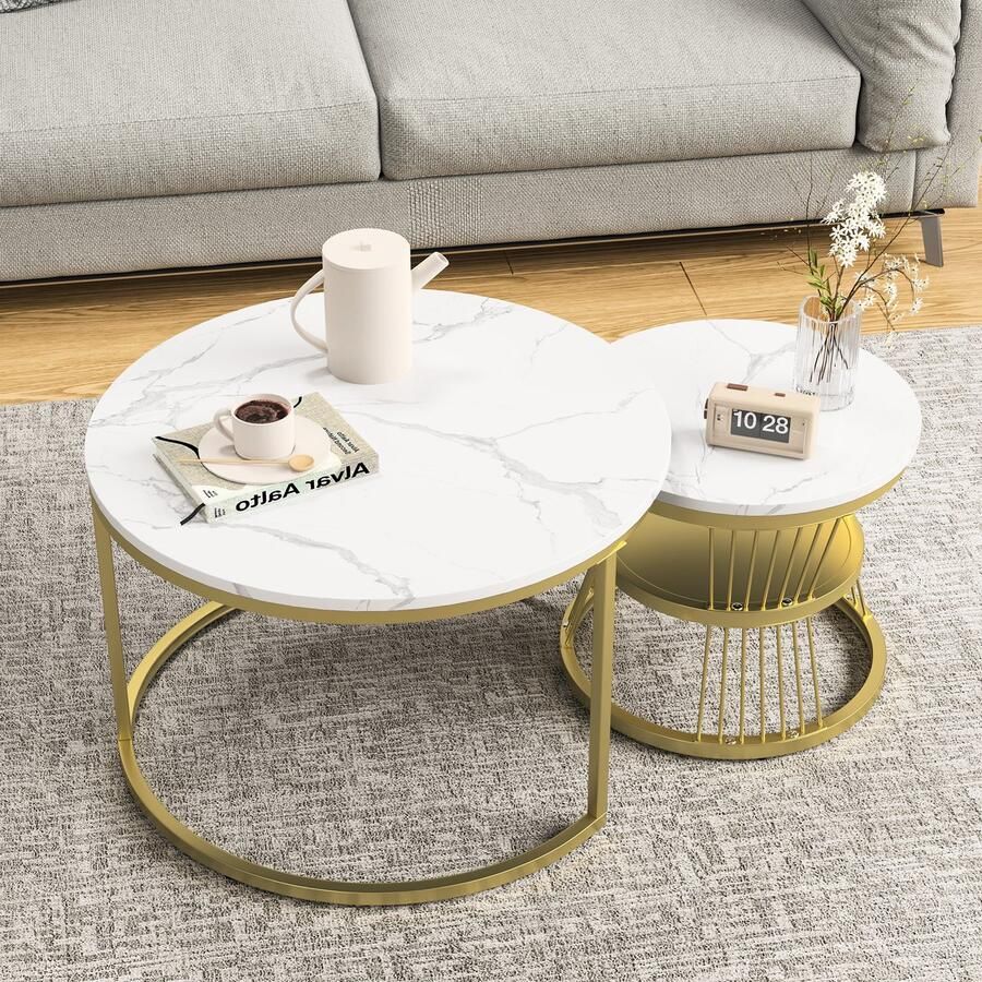 BursDany Set van 2 Ronde Salontafels 70 45 cm Moderne Salontafels Marmeren Bijzettafel voor Woonkamer Balkon en Kantoor Goud en Wit