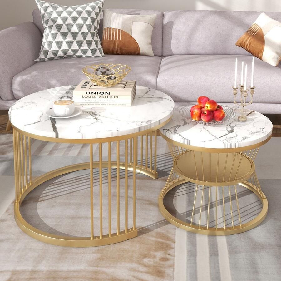BursDany Set van 2 ronde salontafels 70 45 cm Nesting salontafel Marmer Motief Top Vergulde Metalen Poten Geschikt voor Woonkamer Café Woonkamer Wit Goud