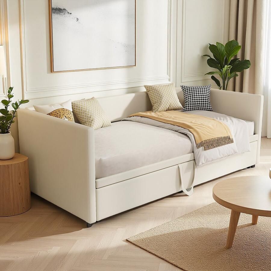 BursDany Slaapbank dagbed uitschuifbaar 90 180x200 cm met lattenbodem bedbank van fluweelstof met slaapfunctie bedbank logeerbed jeugd zonder matras beige - Foto 2