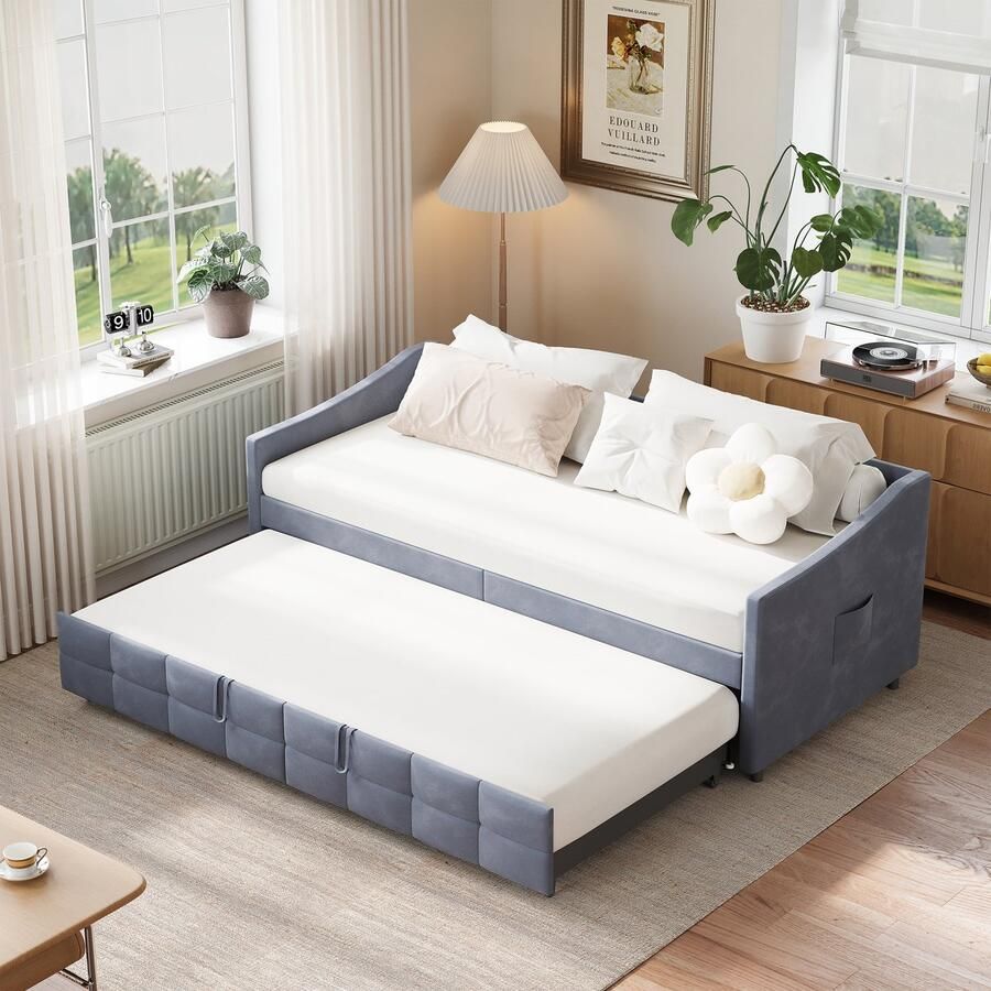 BursDany Slaapbank om te bouwen voor 2 personen 90 180x200 cm Met zijzak en hydraulisch mechanisme ombouwbare bank ideaal voor woonkamer gastenkamer grijze fluweel (zonder matras)