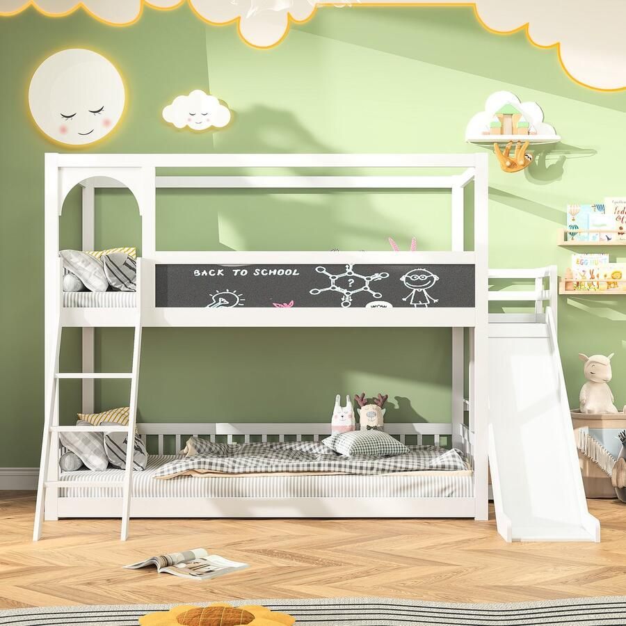 BursDany Stapelbed kinderbed 90x200 met wandpaneel huishoogslaper met ladder en uitvalbeveiliging bedframe van massief hout voor meisjes & jongens wit zonder matras