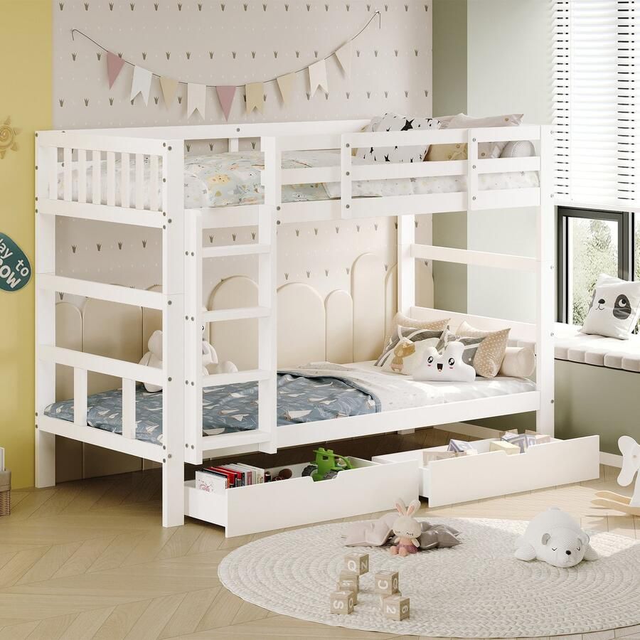 BursDany Stapelbed voor kinderen 90x200 cm wit Om te vormen tot 2 eenpersoonsbedden met lades en veiligheidshekje massief hout en lattenbodem (zonder matras)