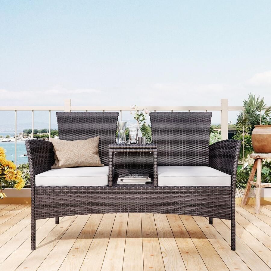BursDany Tuinbank van polyrotan voor 2 personen met kussens en geïntegreerde tafel buitenstoel voor terras fauteuil voor terras balkon en veranda bruin