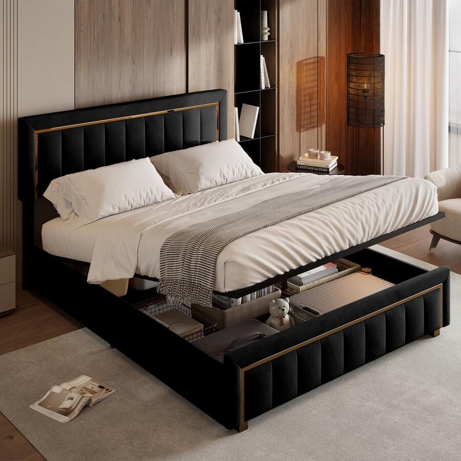 BursDany Tweepersoons bed 140 x 200 cm hydraulisch opbergbed met lattenbodem en hoofdeinde bedframe voor volwassenen zonder matras velours zwart