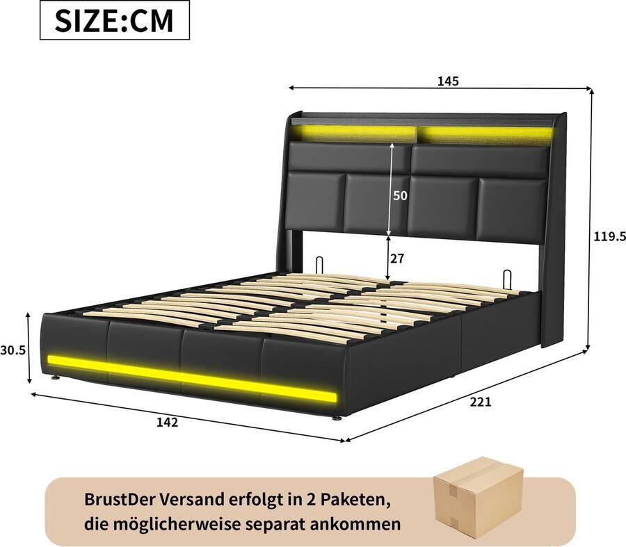 BursDany Tweepersoons bed 140x200 cm met LED Gestoffeerd bed met lattenbodem en opberg-hoofdbord Geschikt voor volwassenen en jongeren PU Zwart (zonder matras) - Foto 2