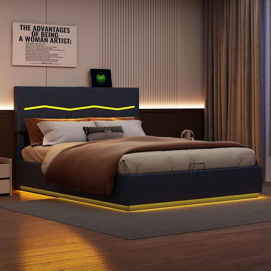 BursDany Tweepersoonsbed 160x200 cm met LED & USB Hydraulisch bed met lattenbodem en hoofdeinde zwart PU-opbergframe (zonder matras)