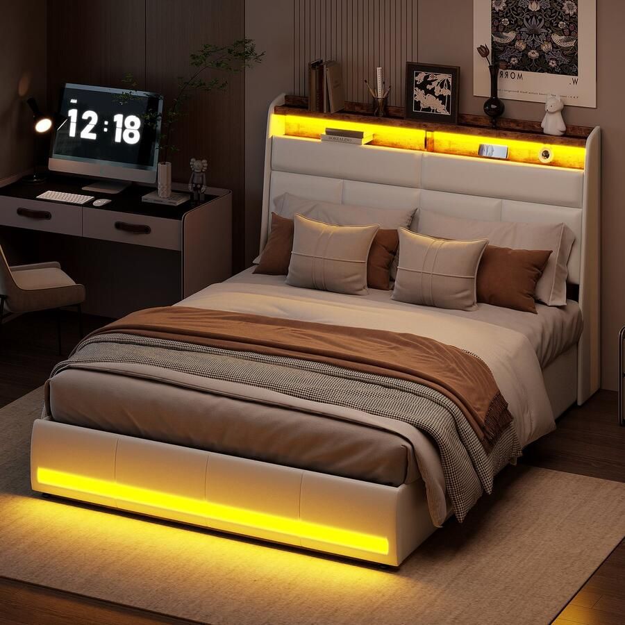 BursDany Tweepersoons bedkast 140x200 cm met LED Bed met lattenbodem en opberg-hoofdbord Geschikt voor volwassenen en tieners Wit PU (zonder matras)