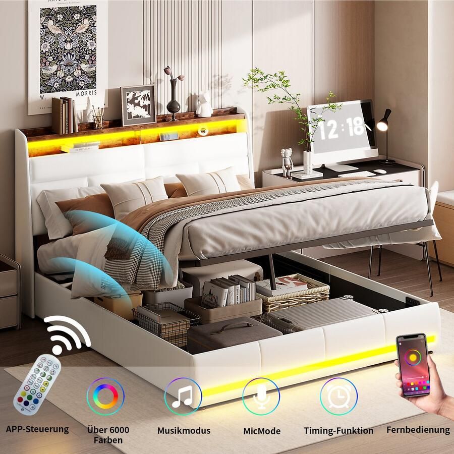 BursDany Tweepersoons bedkast 160x200 cm met LED Bed met lattenbodem en opberg-hoofdbord Geschikt voor volwassenen en tieners Wit PU (zonder matras)