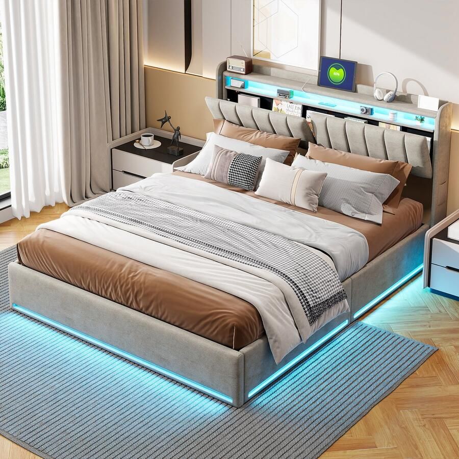 BursDany Tweepersoons Opbergbed 140x200 cm met LED en USB Opberg Hoofdeinde Gestoffeerd Bedframe voor Volwassenen en Tieners 500 KG Ondersteuning Grijs Fluweel (Zonder Matras)