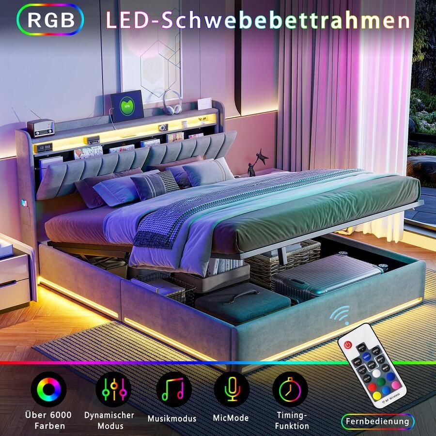 BursDany Tweepersoons Opbergbed 160x200 cm met LED en USB opberghoofdeinde gestoffeerd bedframe voor volwassenen en tieners 500 kg ondersteuning grijs fluweel (zonder matras)