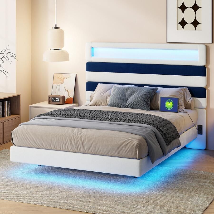 BursDany Tweepersoonsbed 140x190 cm met LED en USB Zwevend design Fluweel Stof Bedframe voor volwassenen en tieners Witte strepen