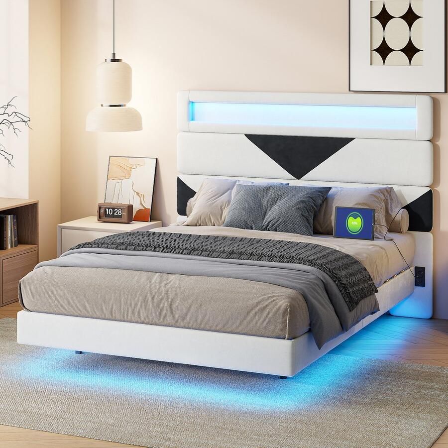 BursDany Tweepersoonsbed 140x190 cm met LED en USB Zwevend design Fluweel Stof Bedframe voor volwassenen en tieners Driehoeken wit