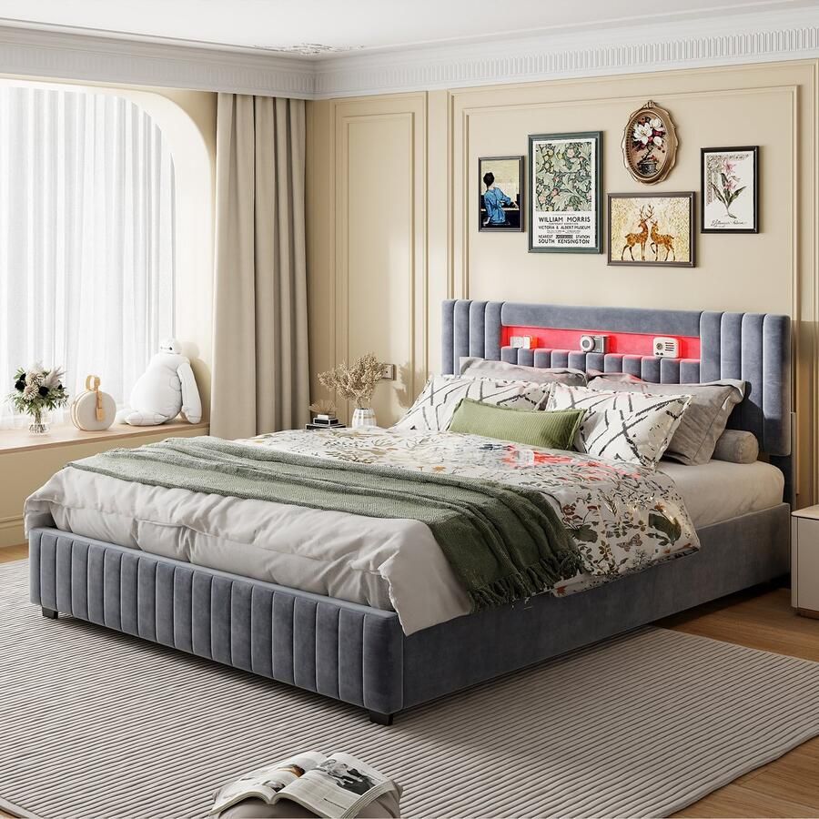 BursDany Tweepersoonsbed 140x200 cm bedombouw met LED-verlichting lattenbodem en hoofdeinde bedombouw voor volwassenen tieners fluweelgrijs (zonder matras)