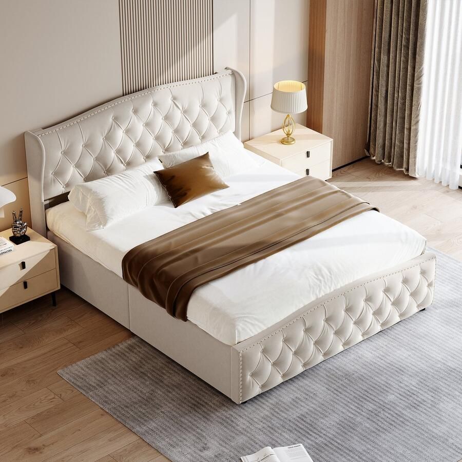 BursDany Tweepersoonsbed 140x200 cm Hydraulisch opbergbed met lattenbodem en hoofdeinde bedframe voor volwassenen en tieners zonder matras velours beige