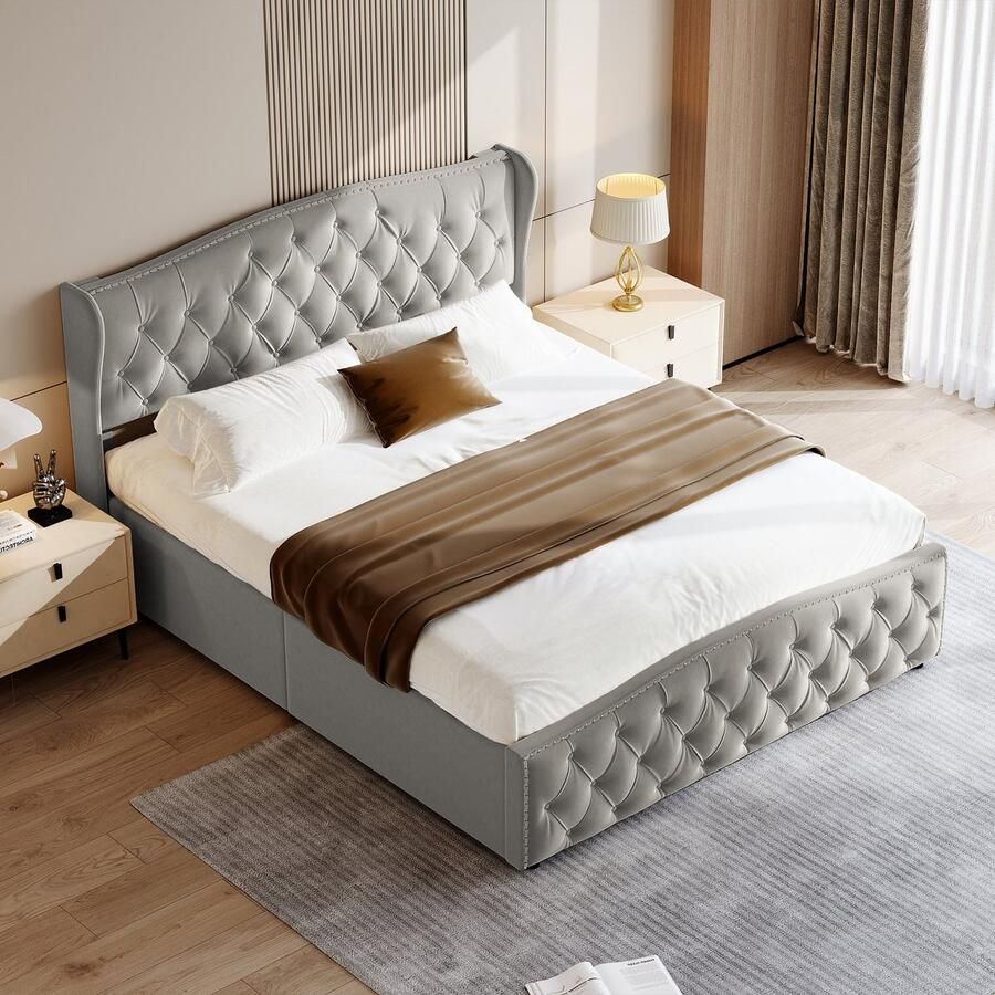 BursDany Tweepersoonsbed 140x200 cm Hydraulisch opbergbed met lattenbodem en hoofdeinde bedframe voor volwassenen en tieners zonder matras velours grijs