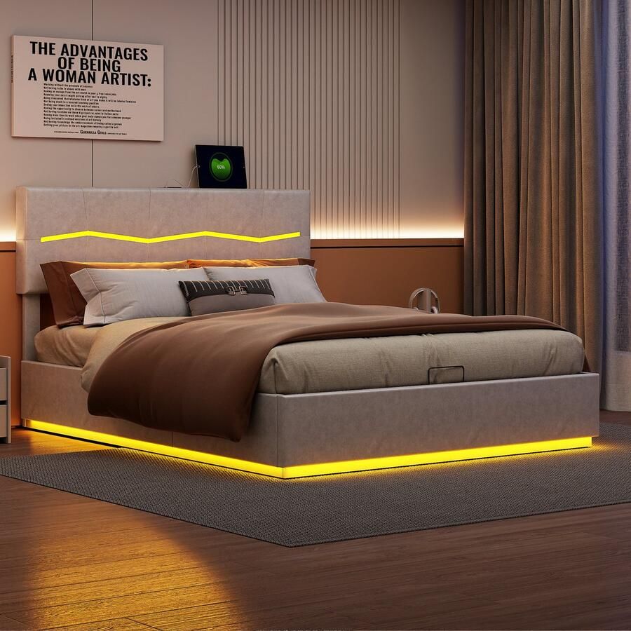 BursDany Tweepersoonsbed 160x200 cm met LED & USB Hydraulisch bed met lattenbodem en hoofdeinde PU-opbergframe beige (zonder matras)