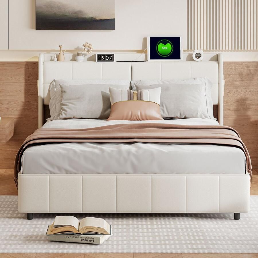 BursDany Tweepersoonsbed 140x200 cm met USB Modern Gestoffeerd Bed met 4 Laden en Lattenbodem Rugleuningframe voor Volwassenen en Tieners Zonder Matras PU Wit